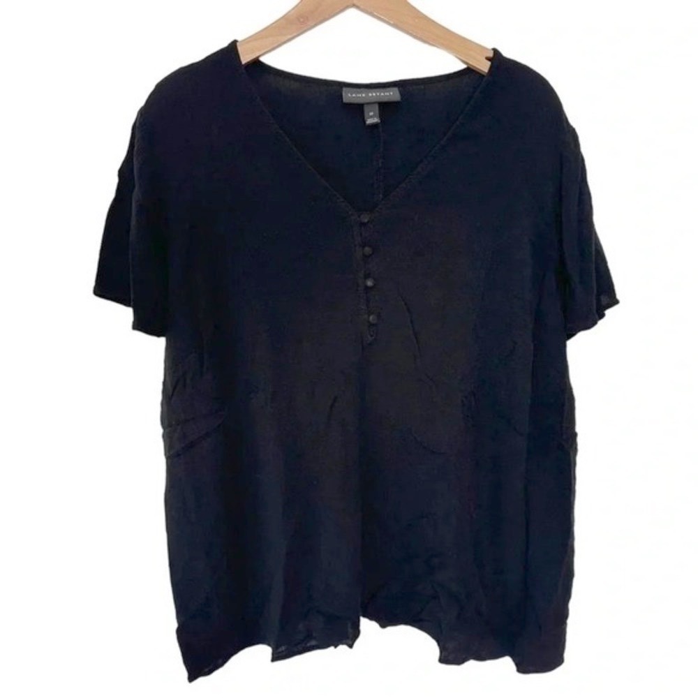 Lane Bryant Blouse 20‎ Black V-Neck Flutter Sleeve Henley Rayon Top